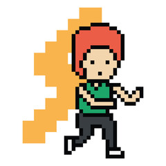 Fototapeta premium Pixel cartoon exercise cute run 8bit character man run running jog cardio lifestyle decoration life style speed male boy jog marathon exercise png game 8 bit vector.