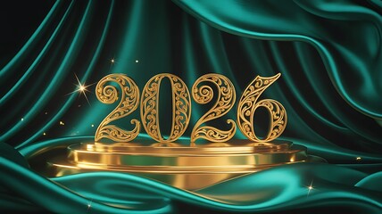 Celebrate the arrival of 2026 with opulent gold numerals elegantly displayed on a luxurious teal satin backdrop, evoking sophistication and festive anticipation for the coming year.