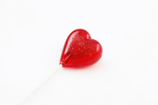 Heart-shaped red candy lollipop symbolizing love and friendship for Valentine's Day on a white backdrop