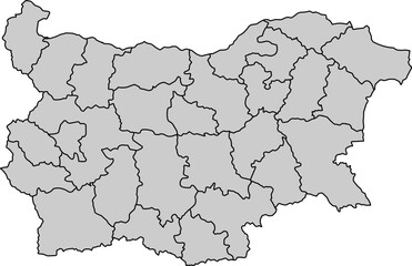 A clean, minimalist, and blank outline map of Bulgaria with all provincial borders clearly marked in a grayscale color. Ideal for data visualization, presentations, or educational materials.

