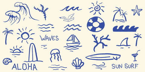 Hand-drawn doodle beach and surf icon vector set with tropical elements for summer designs, t-shirts, posters, and beachwear.