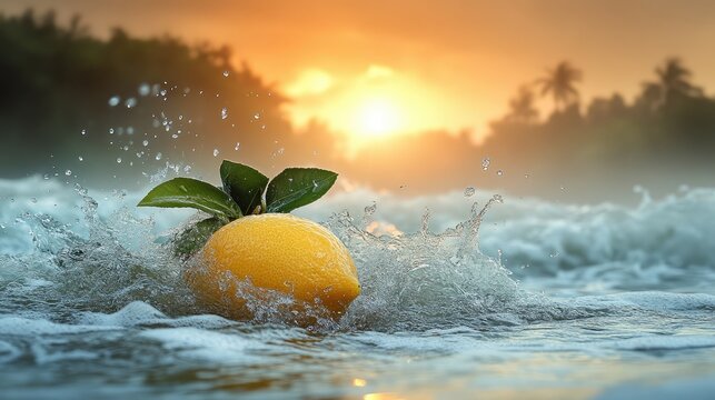 Fresh lemon splashing in ocean waves at sunrise