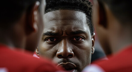 Close up of determined african american athlete surrounded by teammates in a huddle before a game