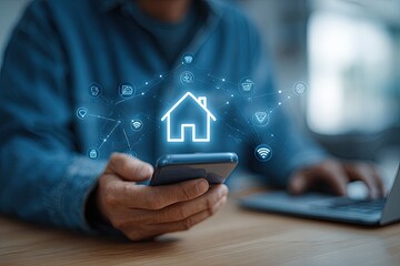 A person holds a smartphone, interacting with a digital home network projection