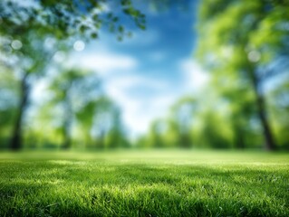 Fototapeta premium Lush Green Grass Field with Blurred Trees and Blue Sky Background in a Sunny Park Landscape Scene