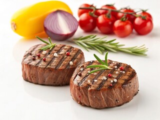 Two perfectly grilled filet mignon steaks garnished with rosemary and sea salt with fresh ingredients nearby white background