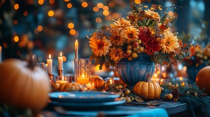 Autumnal table setting featuring pumpkins flowers candles and festive decorations photo