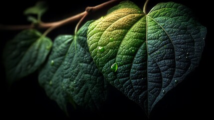 A single heart-shaped green leaf, resembling a Bodhi leaf, emerging alone from pure darkness. Minimalist style with wide negative space, with tiny water droplets scattered mainly on the upper half.
