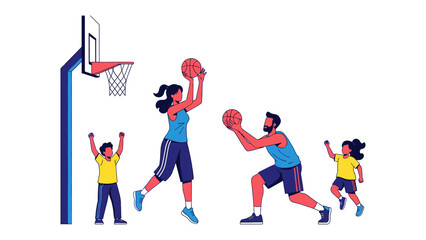 Family Basketball Fun: A vibrant scene capturing a family engaged in a game of basketball, full of energy and motion, emphasizing active family life and sport.