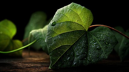 A single heart-shaped green leaf, resembling a Bodhi leaf, emerging alone from pure darkness. Minimalist style with wide negative space, with tiny water droplets scattered mainly on the upper half.