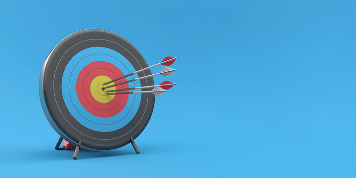 A high-definition 3D render depicts an archery target set against a bright blue background. The target features concentric rings in black, blue, red, and yellow, with multiple arrows embedded, primari