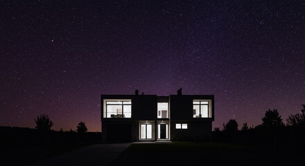 Modern architectural home bathed in starlight, a serene sanctuary under a vast, starry night sky.