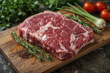 Raw pork slices on a wooden board ready for cooking with herbs and spices
