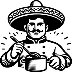 Mexican Chef Cooking: A distinguished chef, attired in classic culinary attire, expertly manages a simmering pot.