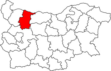 A detailed map of Bulgaria highlighting the Vratsa Province. Ideal for regional studies, business analysis, or geographical projects of the Balkan Mountains region.

