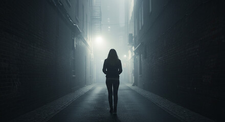 Mysterious woman walking alone down dark foggy city alleyway at night for suspenseful urban stories