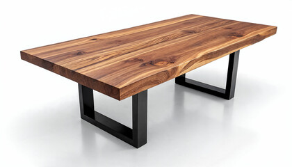 Walnut wood dining table with black metal legs on white background
