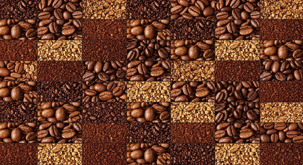 Various coffee preparations arranged in a tiled pattern showcasing different coffee types and textures
