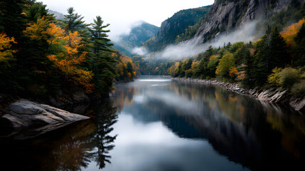 A calm river flowing through an autumn valley with clorful trees reflecting inthe water, surrounded by msty mountains.