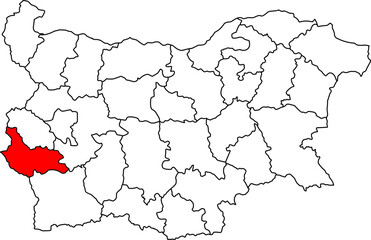 A detailed map of Bulgaria highlighting the Kyustendil Province. Ideal for geographical studies, business analysis, or content related to its borders with Serbia and North Macedonia.

