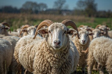 Fototapeta premium Close-up of a horned sheep standing in a sunlit flock with a soft-focused backdrop and room for text