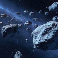 Asteroid field in deep space with stars and nebula cosmic scene science fiction concept