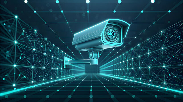 Futuristic surveillance camera overseeing a digital network of glowing blue lights - Powered by Adobe
