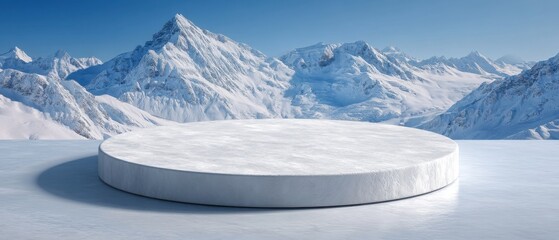 Snow Podium Platform for Product Display with Mountain Backdrop in Winter Landscape Scenic Shot