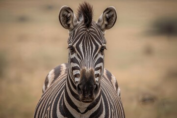 Naklejka premium Close-up of a zebra against a gently blurred backdrop, showcasing wildlife in its natural environment.