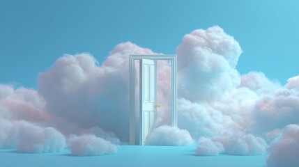 Open Doorway Surrounded by Clouds in Sky Dreamlike Scene Surreal Concept Hope Opportunity Future Perspective