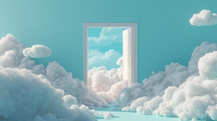 Open Doorway to Sky and Clouds Surreal Dreamscape Concept Studio Shot with Light Blue Wall and Floor Dreamy and Ethereal