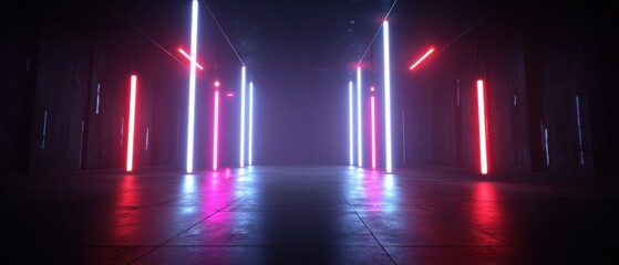 Abstract Neon Light Installation in Dark Concrete Room Perspective Futuristic Design Interior