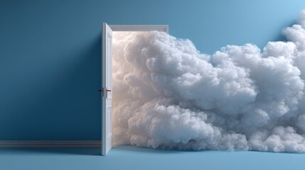 Open Doorway with Cloudscape Filling Room in Studio Setting with Blue Walls and Floor Dreamlike Illusion