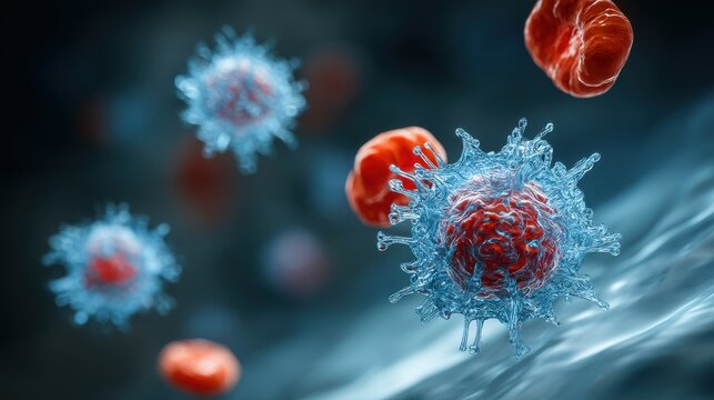 Microscopic view of virus infecting red blood cells, close-up scientific illustration, medical research, disease transmission, viral infection, pandemic