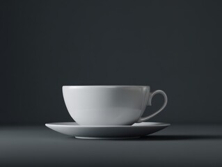 Minimalist White Coffee Cup and Saucer Still Life on Dark Gray Background Studio Shot Simplicity