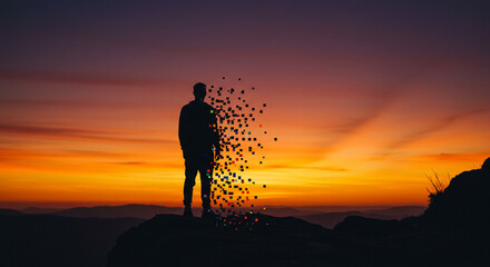 Silhouette of a man dissolving against a fiery sunset, symbolizing transformation and personal growth