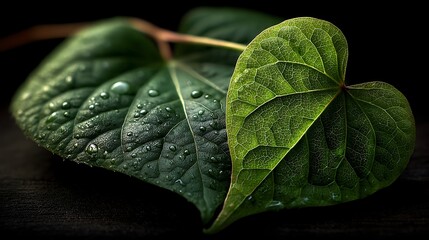 A single heart-shaped green leaf, resembling a Bodhi leaf, emerging alone from pure darkness. Minimalist style with wide negative space, with tiny water droplets scattered mainly on the upper half.