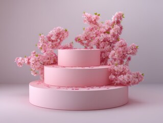 Pink podium display with cherry blossoms minimalist studio shot for product presentation and spring promotion pastel background