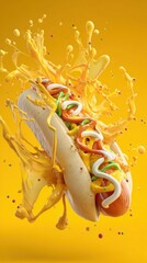 Gourmet Hotdog with Mustard Splash on Yellow Background Delicious Fast Food Close Up Studio Shot