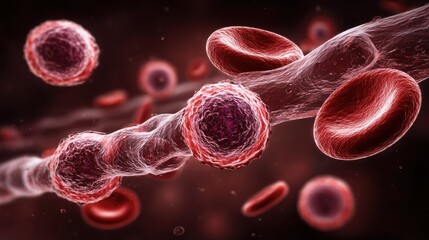 Red Blood Cells and Lymphocyte Cells Flowing Through a Blood Vessel Microscopic View Medical Illustration