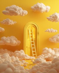 Dreamy Yellow Scene with Door and Ladder Amidst Clouds Conceptual Journey to Success and Opportunity