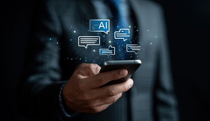 Businessman uses phone, AI chat icons appear