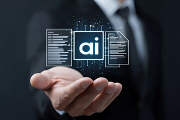 Businessman's hand holds a holographic AI concept, with data and code elements