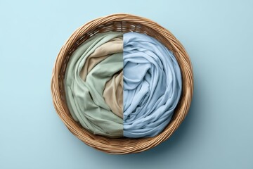 Laundry basket filled with pastel colored fabrics top down shot on blue background studio setting minimalist style