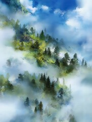 Misty mountain landscape watercolor painting of pine trees and clouds in blue and green tones aerial view nature scene