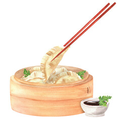 Bamboo Chinese steaming basket with dumplings, parsley leaves and eating chopsticks. Watercolor Chinese food clipart. Hand-drawn illustrations on the topic of Chinese New Year cuisine, Asian food