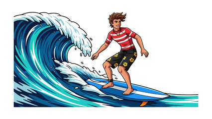 Riding the Wave of Adventure: A vibrant illustration showcases a surfer carving through a towering wave, embodying the thrill of the ocean.