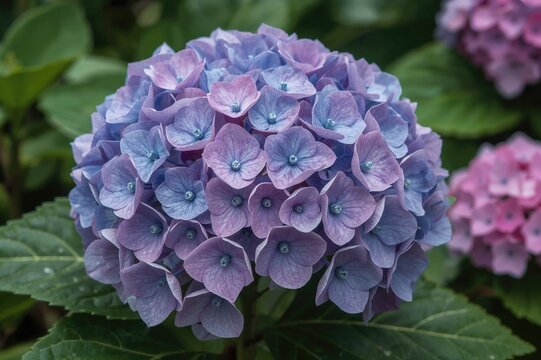 Hydrangea macrophylla: A deciduous shrub with large pink flower clusters reaching up to 2 meters tall and 2.5 meters wide