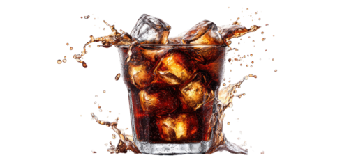 Sparkling dark beverage in a glass with ice, splashing around