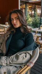 Fototapeta premium Trendy young woman wearing a black turtleneck, denim jeans, and beige trench coat, sitting comfortably at an outdoor cafй terrace with elegant decor and natural lighting
